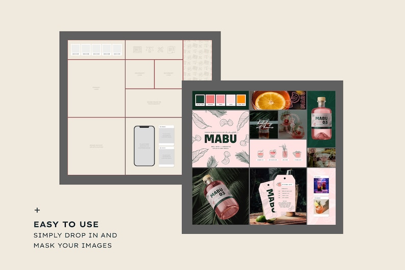 May include: A digital template for social media featuring a pink and green color scheme with illustrations of tropical leaves and fruit. The template includes a bottle of pink liquor with the brand name "MABU 03" and a cocktail recipe card with the brand name "MABU".