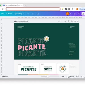May include: A green background with the word "PICANTE" written in white and pink letters. The word is repeated three times, with each repetition getting smaller. Below the word "PICANTE" are three smaller images of the word "PICANTE" with a logo of a burrito and taco. The logo is in a circle with a yellow background and a red outline.