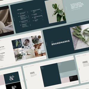 May include: A brand guide featuring a dark green and light green colour scheme. The guide includes information about the brand's tone, key words, colour palette, and typography. The brand's logo is a stylised ampersand with a leaf.