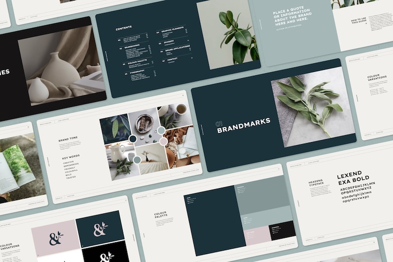 May include: A brand guide featuring a dark green and light green colour scheme. The guide includes information about the brand's tone, key words, colour palette, and typography. The brand's logo is a stylised ampersand with a leaf.