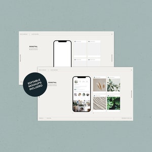 May include: Two mockups of a smartphone screen displaying a digital marketing template. The top mockup shows a blank screen, while the bottom mockup shows a social media feed with images of plants and textures. The text "Editable Mockups Included" is visible in a circle.