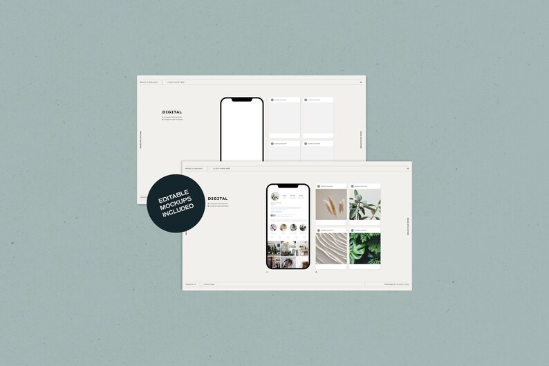 May include: Two mockups of a smartphone screen displaying a digital marketing template. The top mockup shows a blank screen, while the bottom mockup shows a social media feed with images of plants and textures. The text "Editable Mockups Included" is visible in a circle.