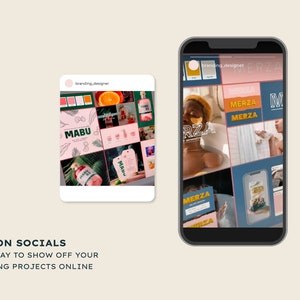 May include: A collage of images showcasing branding projects for two different companies. The first company, "Mabu", features a pink and green color scheme with illustrations of tropical fruits and leaves. The second company, "Merza", features a blue and orange color scheme with images of a person in a bathtub and a person showering.
