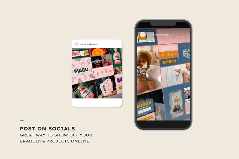 May include: A collage of images showcasing branding projects for two different companies. The first company, "Mabu", features a pink and green color scheme with illustrations of tropical fruits and leaves. The second company, "Merza", features a blue and orange color scheme with images of a person in a bathtub and a person showering.