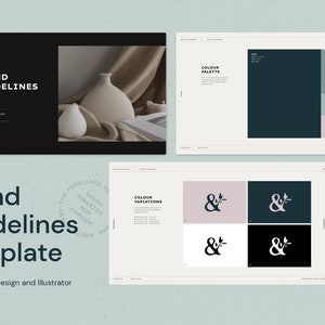 May include: Brand guidelines template for Adobe InDesign and Illustrator. The template features a colour palette, logo variations, and typography examples. The text "Work smarter, not harder" is included in a circle.