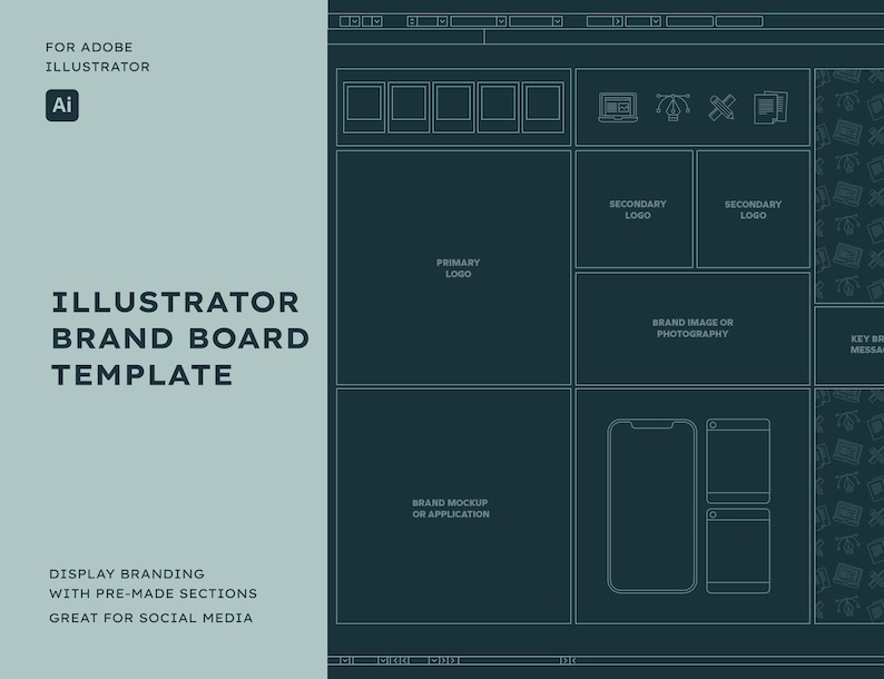 May include: A blue and white brand board template for Adobe Illustrator. The template includes sections for a primary logo, secondary logos, brand image or photography, key messages, and a brand mockup or application. The template is great for displaying branding for social media.