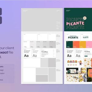 May include: A branding guide for a restaurant called "Picante" with a green, orange, and pink color scheme. The guide includes a logo, typography, and color palette.