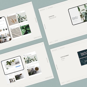 May include: Mockup templates for a branding identity with the name "Sage & A Sparrow". The templates include a phone screen, tablet screen, and stationery with a logo and text. The design features a green and white colour scheme with a leafy plant motif.
