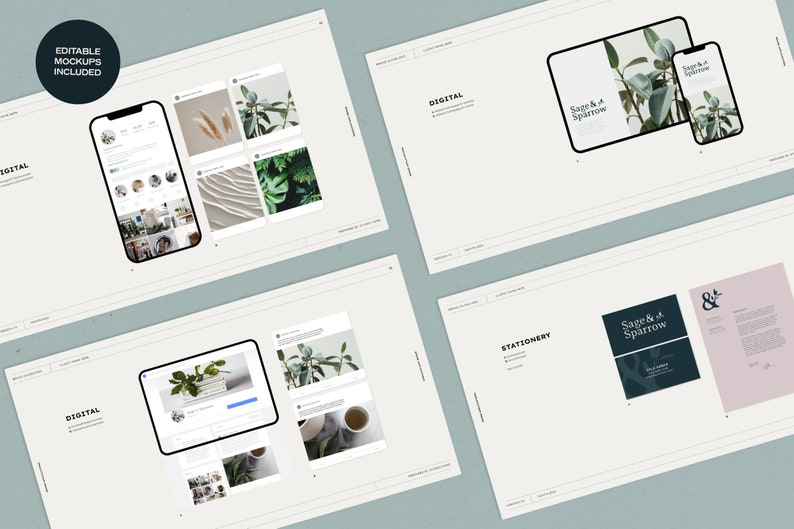 May include: Mockup templates for a branding identity with the name "Sage & A Sparrow". The templates include a phone screen, tablet screen, and stationery with a logo and text. The design features a green and white colour scheme with a leafy plant motif.