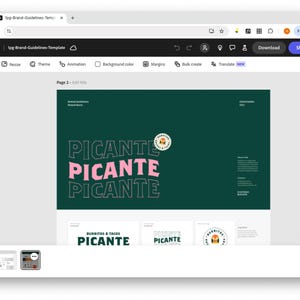 May include: A computer screen displaying a website with a green background and the word "PICANTE" in pink and white text. The website is for a brand guideline template.