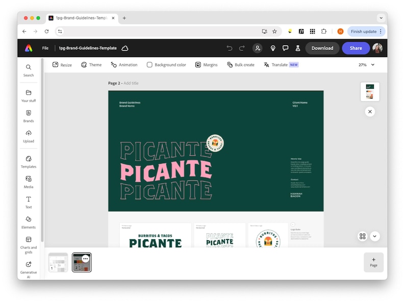 May include: A computer screen displaying a website with a green background and the word "PICANTE" in pink and white text. The website is for a brand guideline template.