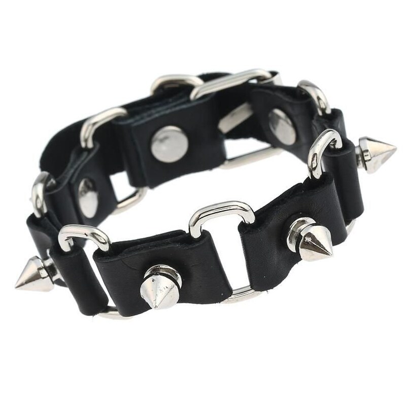 Goth Metal Spiked Adjustable Buckle closure Black Leather Bracelets Punk MIP