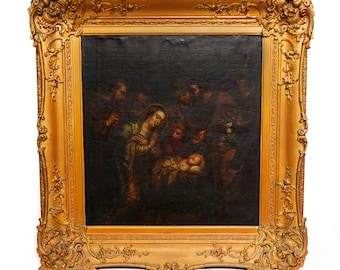 Antigua pintura al óleo sobre lienzo del siglo 18 por la escuela continental - La sagrada familia
