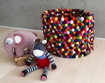 Boules de feutre - Grand panier - Panier à jouets - Panier à journaux - Rangement multicolore - Panier à linge