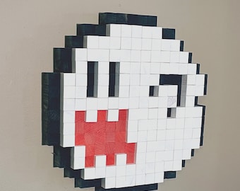 8-bit Mario Ghost "Boo" Wooden Pixel Fan Art