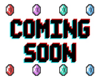 May include: Pixelated graphic with the words "COMING SOON" in black with red and cyan outlines. The image includes eight pixelated gems in red, purple, teal, and blue, arranged around the text on a white background.