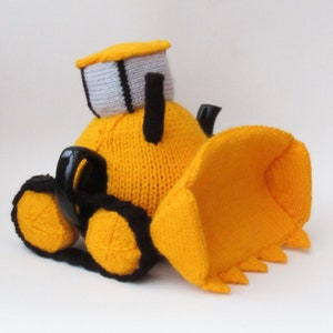 Bulldozer Tea Cosy Knitting Pattern to knit your own teapot cover of a cat excavator - perfect for Builders tea.