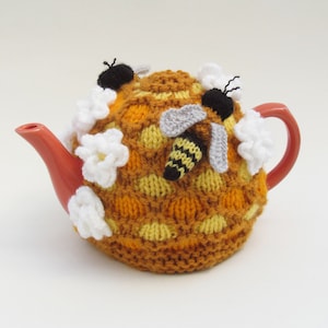 TeaCosyFolk's Oh Bee-Hive Honey Bee Tea Cosy Knitting Pattern to knit your own honey bee teapot warmer