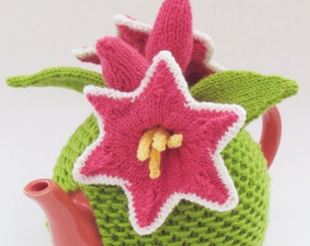 Pink Lily Tea Cosy Knitting Pattern to knit your own lilies in bloom teapot cover - perfect for gardeners