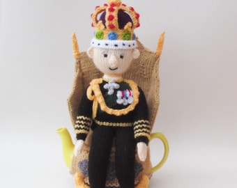 TeaCosyFolk's King Charles III Coronation Tea Cosy Knitting Pattern to knit a Royal teapot cover to commemorate the crowning on King Charles
