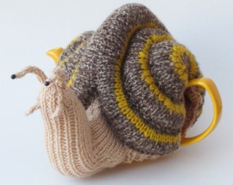 Garden Snail Tea Cosy Knitting Pattern to knit a giant snail teapot warmer - a gardeners nightmare.