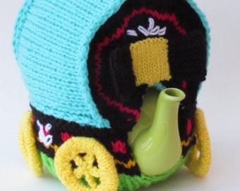 Romany Gypsy Caravan Tea Cosy Knitting pattern to knit your own travers bow top vardo for your teapot