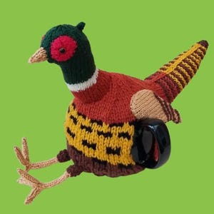 Könnte beinhalten: Ein handgestrickter Teewärmer in Form eines Fasans, mit einem dunkelgrünen Kopf, einem roten Fleck um das Auge, einem weißen Halsring und einem Körper aus rostrotem, gelbem und braunem Garn. Er enthält einen schwarzen Tassenhenkel.