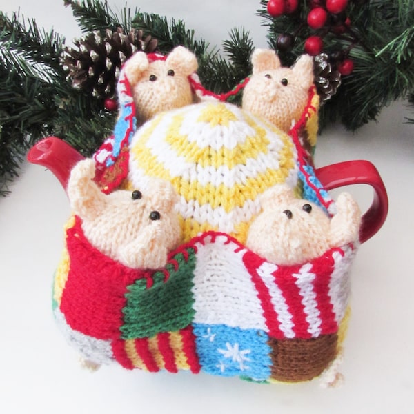 TeaCosyFolk's Pigs in Blankets Tea Cosy Knitting Pattern to knit a beautiful piggy inspired Christmas tea cosy