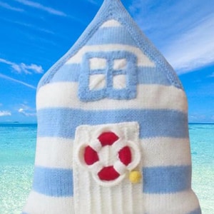 TeaCosyFolk&#39;s Beach Hut Cushion Knitting Pattern to knit your own seaside theme pillow. Get the beach vibe - Summer holiday inspired