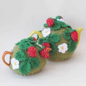 TeaCosyFolk's Mini and Medium sized Strawberry Patch Tea Cosy Knitting Pattern to knit a fruity tea cosy - PDF download