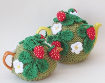 TeaCosyFolk's Mini and Medium sized Strawberry Patch Tea Cosy Knitting Pattern to knit a fruity tea cosy - PDF download