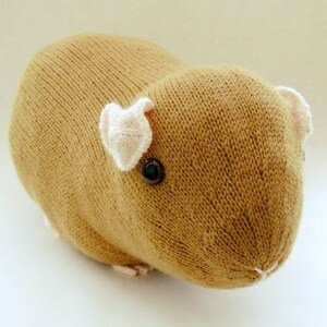 May include: A brown knitted guinea pig plush toy with pink ears and green eyes.