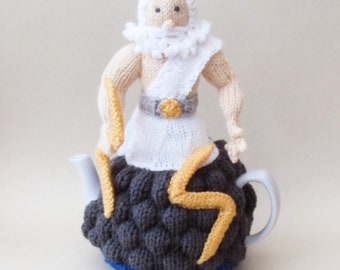 Zeus Tea Cosy Knitting Pattern to Knit the Greek King of the Gods tea cosy on his thunder cloud