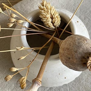 May include: A small, round, speckled white ceramic vase contains dried flowers. The arrangement features a large seed pod, wheat-like sprigs, and slender stems, creating a natural, minimalist aesthetic. The vase is set against a neutral background.
