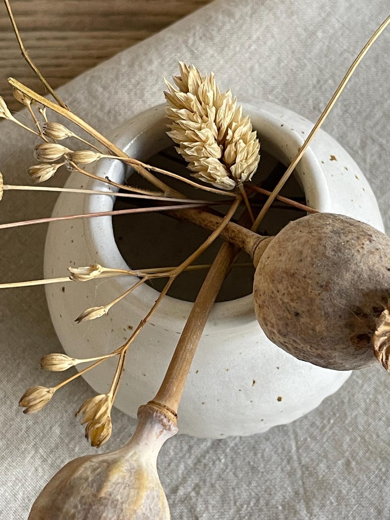 May include: A small, round, speckled white ceramic vase contains dried flowers. The arrangement features a large seed pod, wheat-like sprigs, and slender stems, creating a natural, minimalist aesthetic. The vase is set against a neutral background.
