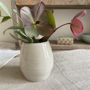 Könnte beinhalten: Eine kleine, cremeweiße Keramikvase mit gesprenkelter Oberfläche, die einen Strauß aus Nieswurzblüten in staubigen Rosa- und Grüntönen enthält, begleitet von mehreren grünen Eukalyptusblättern, die aus der Mitte des Arrangements herausragen.