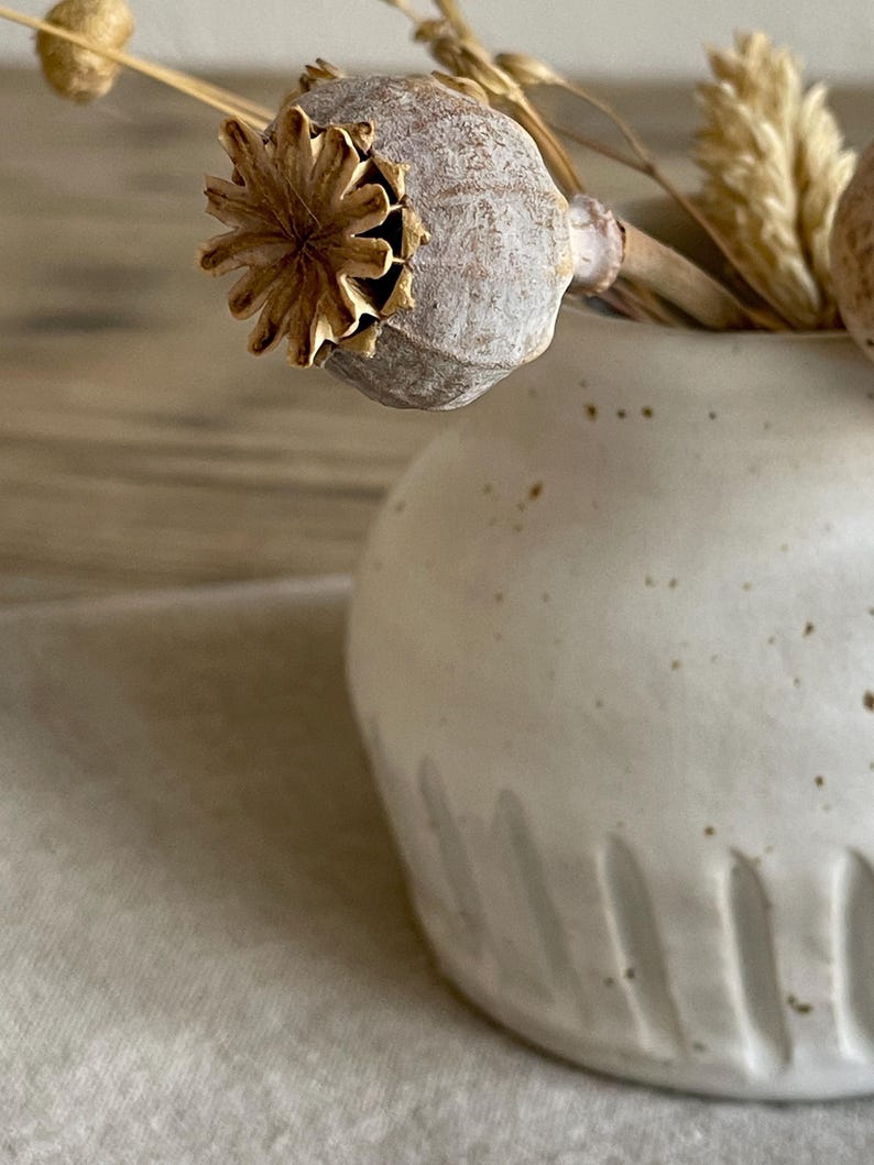 May include: A small, off-white ceramic vase with a rounded shape and vertical grooves near the base. The vase holds dried seed pods and wheat stalks, creating a natural, rustic aesthetic. The vase has small brown speckles.