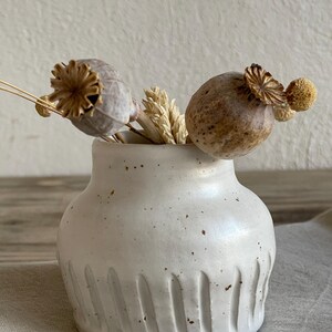Könnte beinhalten: Eine kleine, cremefarbene Keramikvase mit vertikalen Rillen am Boden, die getrocknete Samenkapseln und Weizenähren enthält. Die Vase hat eine gesprenkelte Textur und eine abgerundete Form, die eine rustikale, minimalistische Ästhetik erzeugt.