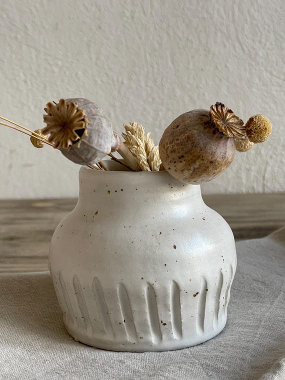 Handmade Stoneware Vase - White Matte Glaze, Spotted Ceramic