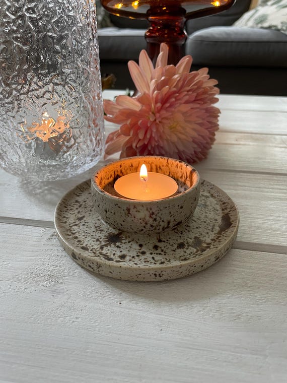 Handgemachte Keramik Teelichthalter aus Steinzeug - Creme Braun Effektglasur - Unikat Kerzenhalter - Boho Deko und Geschenkideen