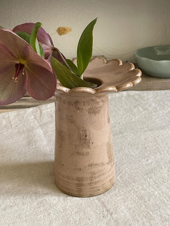 Handgemachte Keramikvase – Steinzeug, naturbelassen & Mauve glasiert – Unikat