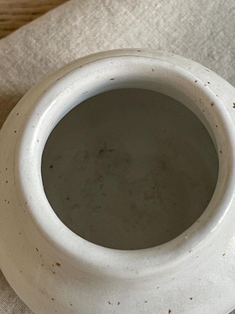 May include: A close-up of a white ceramic bowl with a wide, rounded rim and a circular opening. The bowl has small brown speckles and a slightly textured surface. The interior is a muted grey colour.