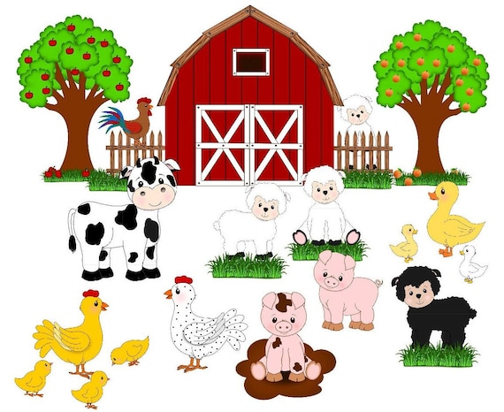 Farm Animals , Farm Clip Art, Cute Animals, Barn,fruit Trees