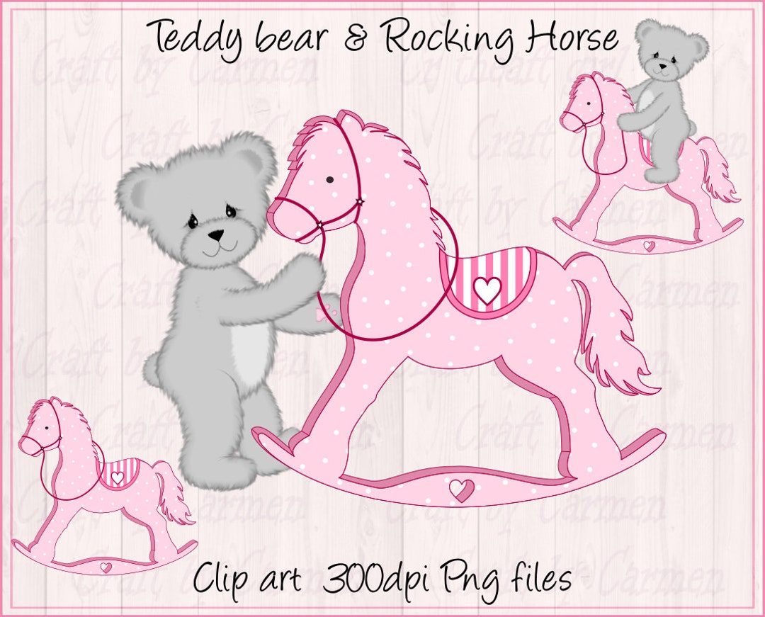 Teddy Bear and Rocking Horse Clipart, Gray Teddy Bear, Baby Bears