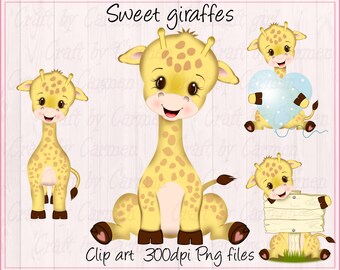 Clipart de girafe, girafes mignonnes, zoo, jungle, safari, baby shower, bébé, (utilisation personnelle et petite entreprise).  Fichiers PNG 300dpi