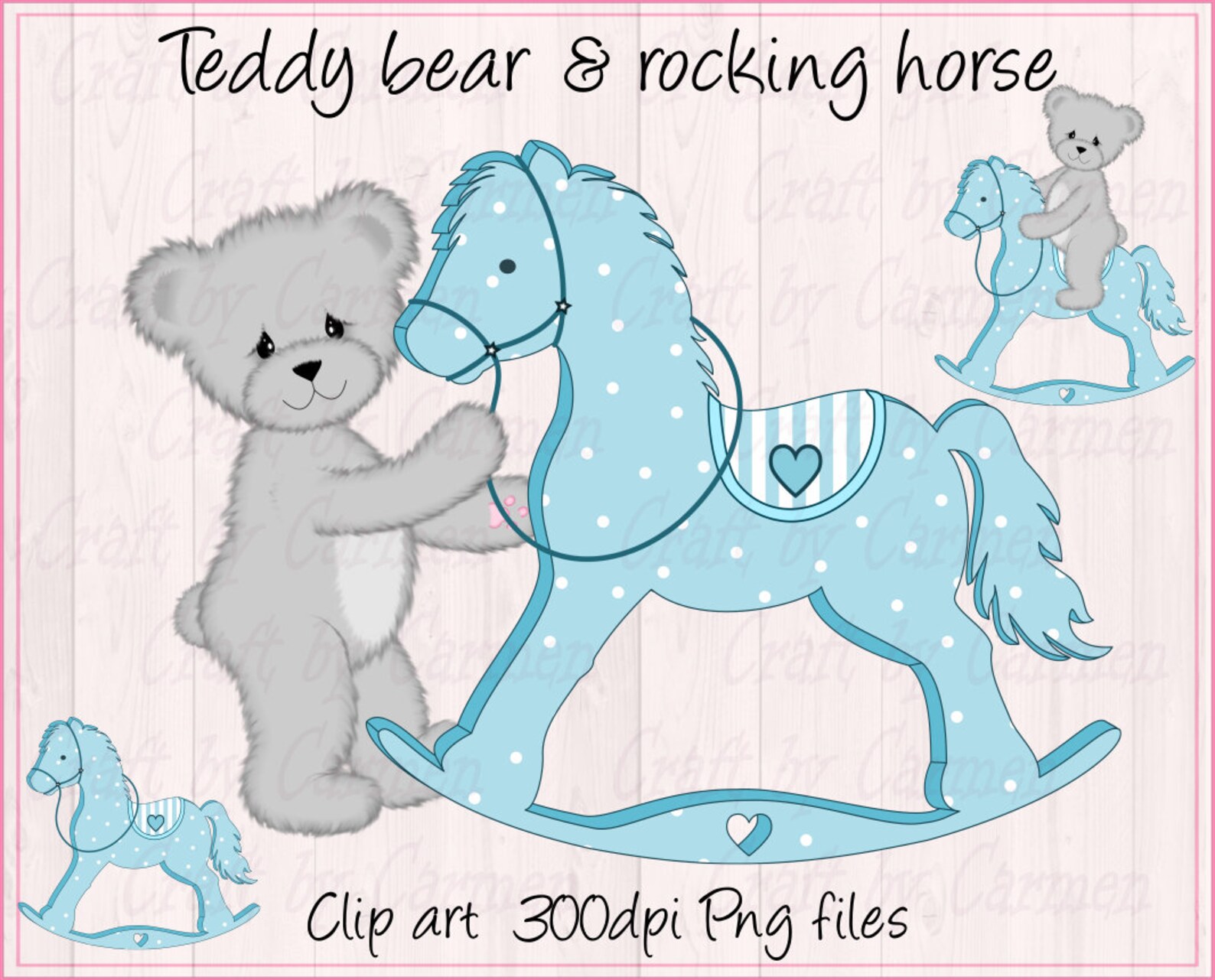 Teddy Bear and Rocking Horse Clipart Gray Teddy Bear Baby - Etsy
