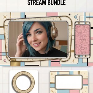 May include: A digital graphic set titled ATOMIC retro MID-CENTURY MODERN STREAM BUNDLE. It includes a large rectangular frame with a person wearing headphones, a vertical phone frame with pink boomerang patterns, a round frame, and a label box.