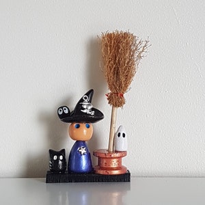 Witch boo and friends with a broom - whimsical delightful cute and fun, boo ghost spirit, black cat and bat, gold star, black and purple.