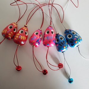 Boo Bell - Whimsical good vibes hanging figurine with a small jingle bell, clay figurine sculpture ornament, red, pink, blue.