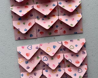 Hearts print Mini Envelopes - set of 24 - Pink, 2 print designs x 12, 4.5 x 3.8 cm, 80gsm.